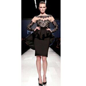 Mikael D PAVONI Peplum Black Lace Evening Dress